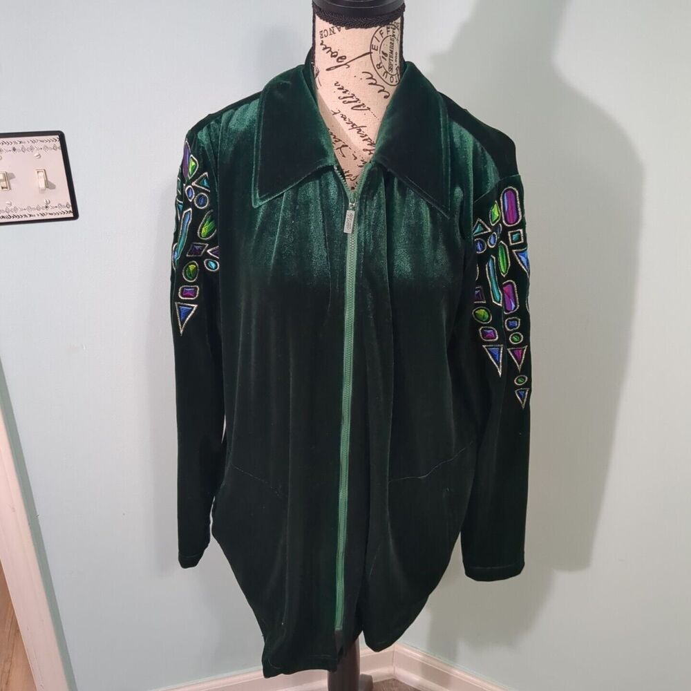 Vintage Bob Mackie Wearable Art Jewel Embroidered Full Zip Velour Jacket green M